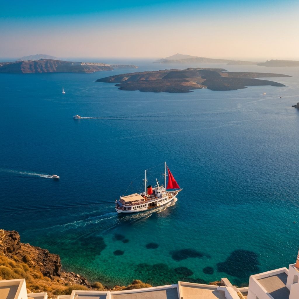 Greek islands aerial view with ferry